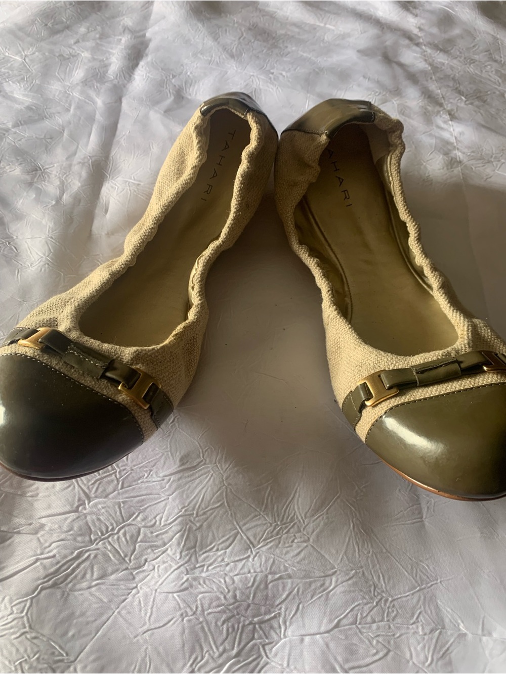 Tahari Olive Cap-Toe Canvas Ballet Flats with Beige Upper